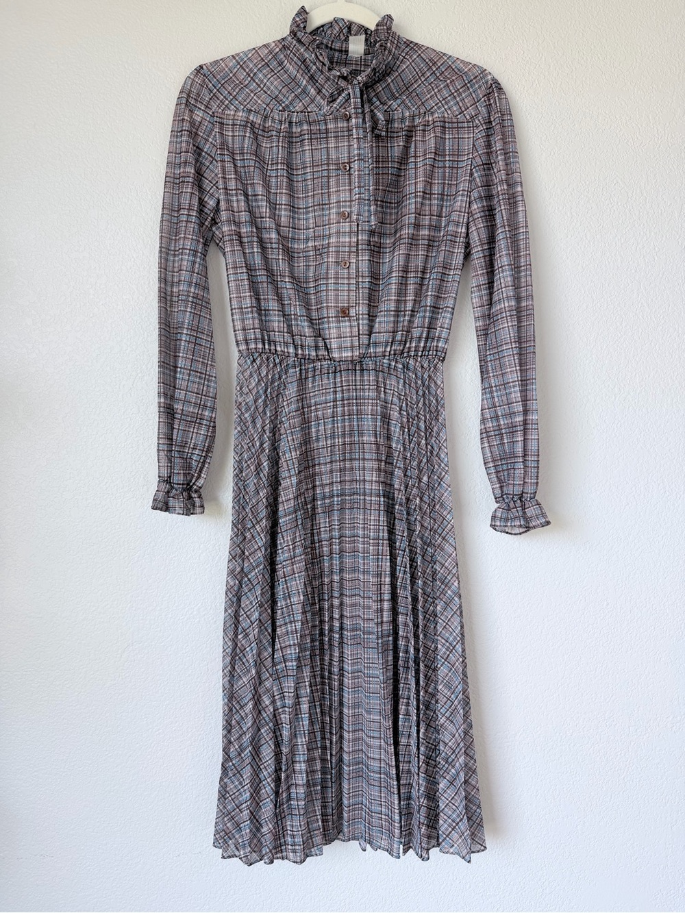 Vintage Sheer Plaid Prairie Midi Dress Ruffle Tie Neck Sz 10